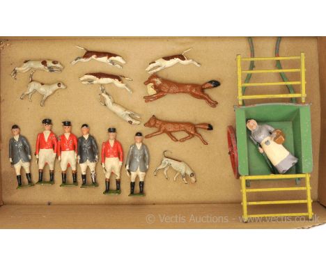 Britains - Hunting Series [Pre / Post War versions], comprising: 3 x Huntswomen on Foot, 3 x Huntsmen on Foot, 2 x Foxes [not