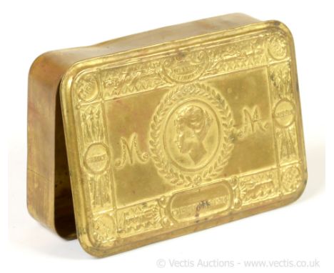 Princess Mary's Christmas Gift Tin to the troops in France - 1914, comprising: Gilded Tin [5 x 3.25 inches] with Hinged Lid. 