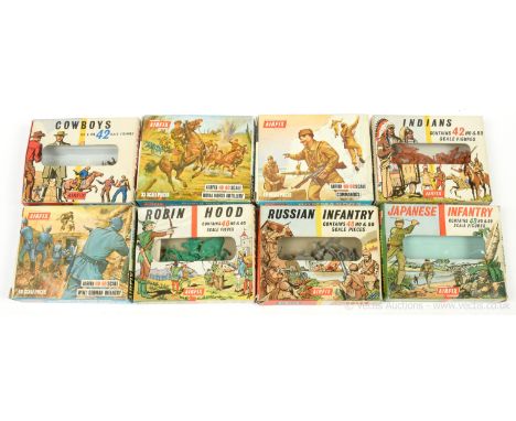 Airfix HO/OO Scale Figures, First Issue Sets - Type 1 [1959 -1965] boxes, comprising: S7 - Cowboys [1961], S8 - Indians [1961