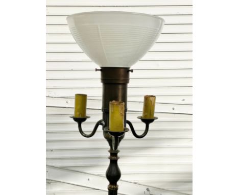 A vintage ornate metal standard lamp with glass shade. 158cm 