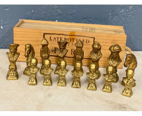 A collection of vintage heavy brass chess pieces. King measures 9.5cm 