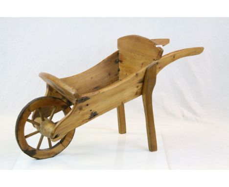 Vintage Pine Wheelbarrow with Iron Bound Wooden Wheel, 88cms long