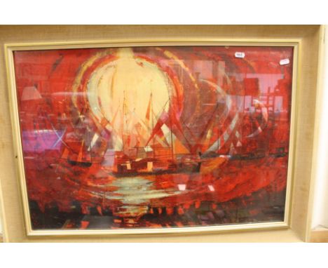 Carlo Rosberg (Danish 1902-1994) vintage framed modernist print Danish Sailboat 