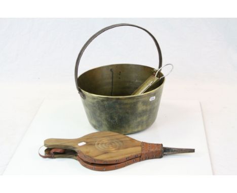 Brass iron handled jam pan, pair of bellows and a vintage thermometer 