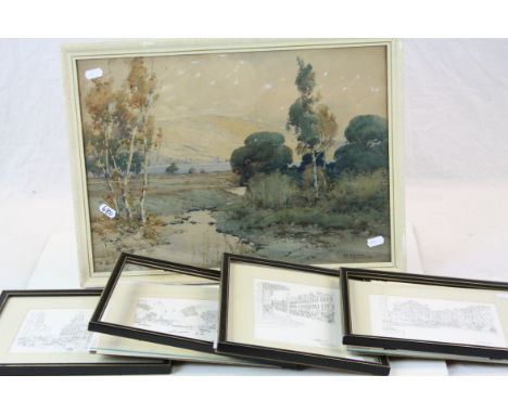 H R Wilkinson early 20th century watercolour rural lake scene signed and four framed prints of street scenes of Boston 