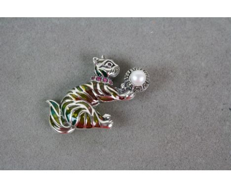 Silver and Plique a Jour cat brooch with ruby collar 