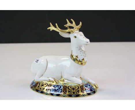 Royal Crown Derby ceramic Paperweight "The White Hart" from the Heraldic beasts collection and Limited to 2000 copies, stands