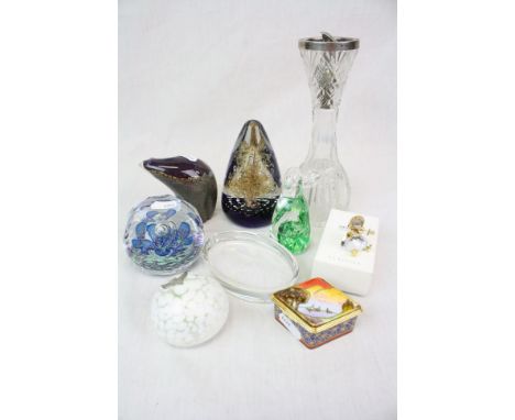 Tray of mixed collectables to include Glass paperweights, boxed Swarovski Crystal figure, Royal Worcester Pill box etc