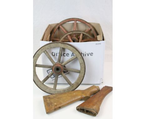 Three vintage Wooden Rifle butts and three small Wooden Wheels with metal rims