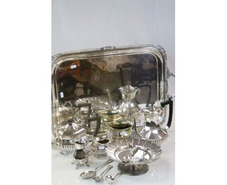Group of silver plated ware to include two handled tray, tea set, fruit spoons etc 