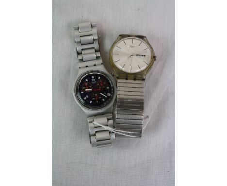 Two swatch watches including Irony Aluminium Chronograph with red and white hands 