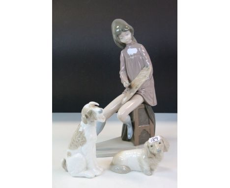 Large Nao ceramic figurine of a Girl Artist, a Nao Dog laughing or yawning plus another Spanish ceramic dog in similar style,