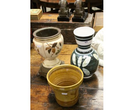 Cricklade pottery jardiniere, a rye pottery vase and a ceramic and brass jardiniere 