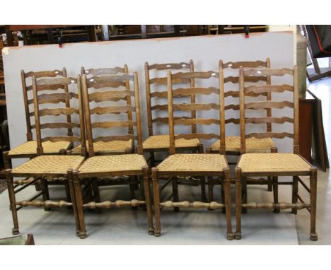 Set of Eight Oak Ladder Back Dining Chair with Rush Seats