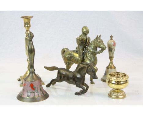 Group of brass ware to include horses figures, bells, candlestick etc 