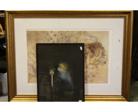 1930s pastel of a lady smoking indistinctly signed and a framed portrait of lovers 