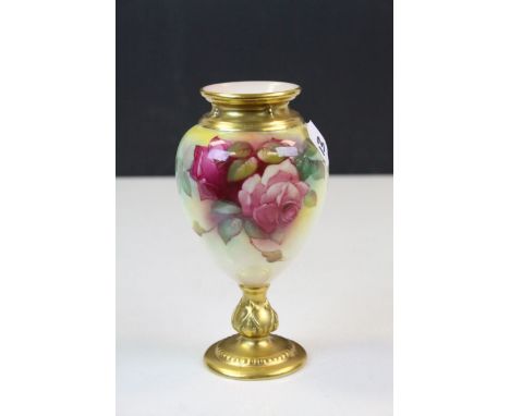 Royal Worcester hand painted blush ceramic Vase with Rose decoration, signed "M Hunt" and applied Gilt finish to the foot and