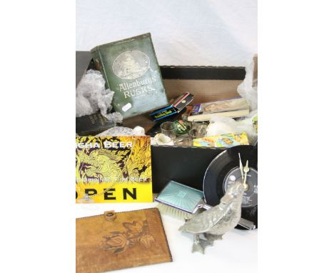 Box of mixed collectable's including vintage tin, silver plate duck, bank savings tin etc 