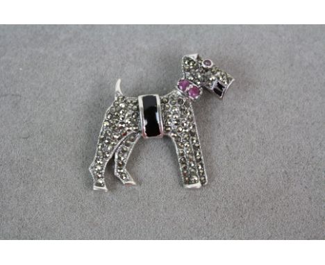 Silver dog brooch set with enamel and ruby collar 