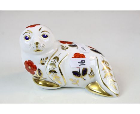 Royal Crown Derby ceramic Paperweight in the form of a Seal with Gold stopper to base, approx 14cm long