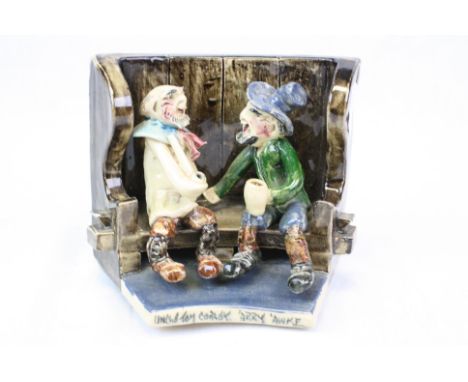 Studio Pottery figures on a bench titled "Uncle Tom Cobley 'Arry 'awke" and marked "Will Young Widecombe" to base