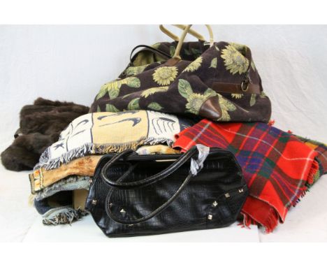 Box of vintage purses and scarfs, rabbit fur ladies coat, handbags, carpet bag and travel rugs etc 