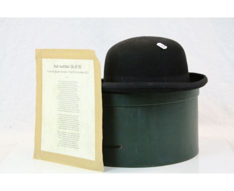 Green Leather Cased Euro Accessories Wool Bowler Hat (size large) with a certificate ' Hat number 26 of 30 from the Bowler Ha