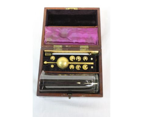 Mahogany cased "Sykes Hydrometer" with "Loftus" Ivory thermometer &amp; Glass beaker in addition to the measuring tools insid