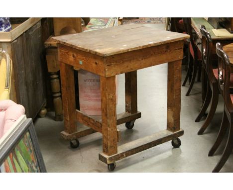 Industrial Factory Pine Work Bench on Castors, 76cms x 65cms x 87cms high