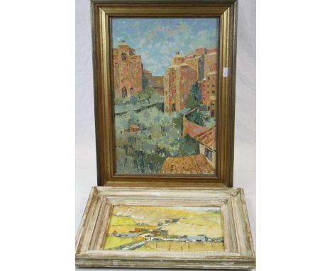 E.Stevens, Landscape with Buildings, oil on panel signed I/R, approx.22 x 30cms together with English School, Italian Town, o