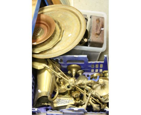 Quantity of brass and copper ware, two vintage cased volt meters etc 