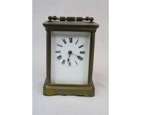 Brass &amp; bevelled Glass Carriage Clock with Enamel dial, marked to reverse "A.C.C.L", measures approx 11 x 8 x 6.5cm and c