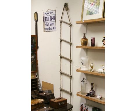 Vintage Rope Ladder with Six Turned Wooden Rungs, 216cms high
