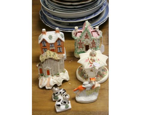Four 19th Century Staffordshire ceramic houses, to include a Money box, Pen Stand &amp; Pastille Burner, pair of ceramic Dogs