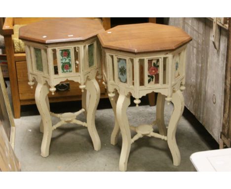 Pair of vintage painted hexagonal lamp tables with in set tiles 