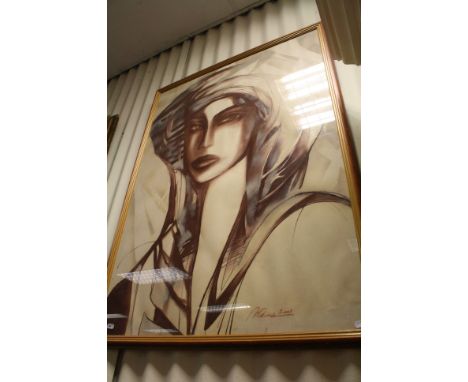Framed and glazed mixed media, signed portrait of a female in Art Deco costume 