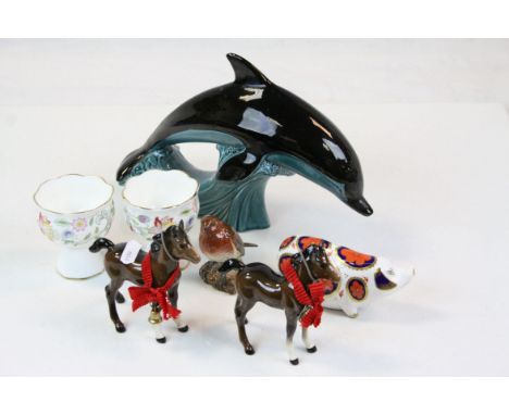 Small group of mixed ceramics to include Poole Pottery Dolphin, Beswick Ponies &amp; a Royal Crown Derby ceramic Pig Paperwei