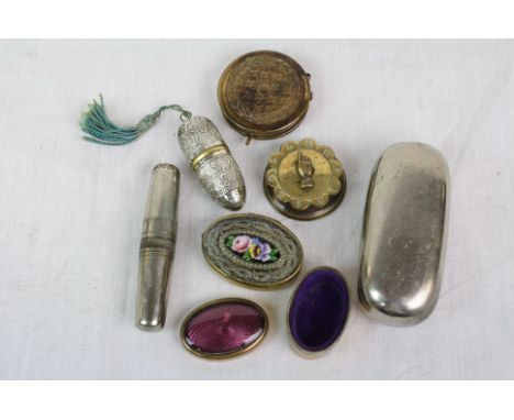 Mixed collectables to include a Victorian brass whist marker, 19th Century patch box with Enamel floral decoration &amp; inte