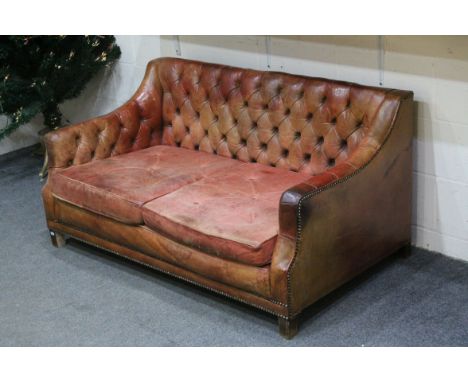 Edwardian Style Club Two Seater Brass Studded Tan Leather Sofa with Button Back and Arms, 138cms long x 66cms high x 82cms de