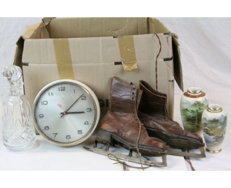 Canteen of Community Plate cutlery and a box of mixed collectables to include a pair of Satsuma Vases, vintage Ice Skates, Me