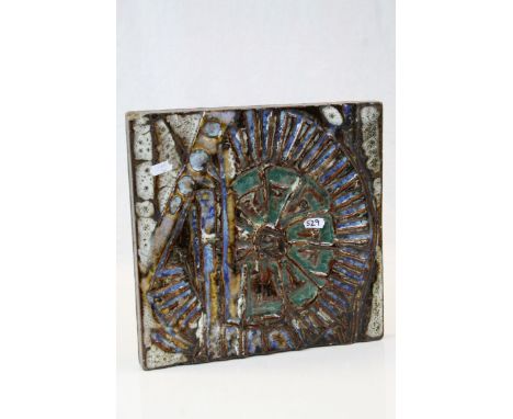Devica, Viana do Castelo, large modernist tile poly chrome glazed circa 1960-70 with stylized relieved decoration 