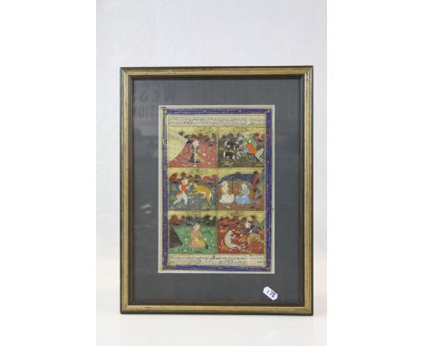 Indo Persian Illuminated Page / Picture comprising six vignettes scenes with manuscript text, 19cms x 28cms, framed and glaze
