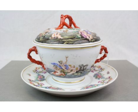 19th Century Capodimonte ceramic Lidded dish with Classical scenes in relief and naturalistic handles, plus a similar period 