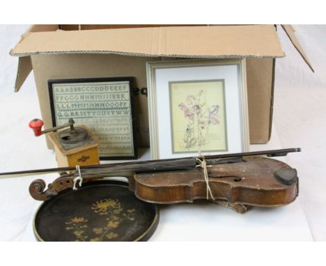 Box of mixed collectables to include Scales, ceramics, glass Coffee grinder, Violin etc
