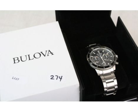 Boxed gents Bulova Stainless steel "Marine Star" quartz Chronograph wristwatch with black dial &amp; enamel bezel and three s