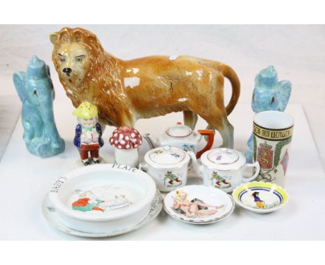 Small group of mixed ceramics to include a 19th Century Staffordshire Lion, figural Pepperette, part Child's tea service etc