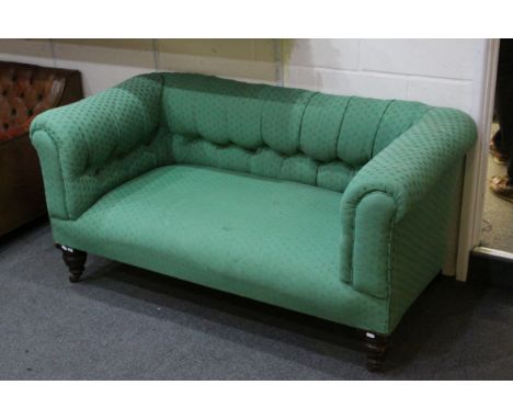 Small Victorian Button Back Two Seater Sofa raised on Turned Legs with castors, 150cms long x 75cms deep x 70cms high