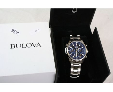 Boxed gents Bulova "Marine Star" quartz chronograph wristwatch with Metallic blue dial &amp; steel bezel and three sub dials 