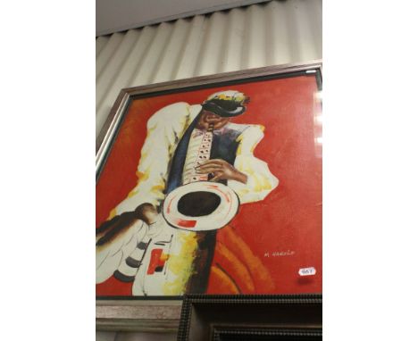 Modern oil painting portrait of a jazz saxophone player signed M Harold 