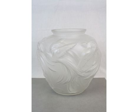 Large European Art Nouveau style moulded, frosted Glass vase with Birds in relief, hole drilled for conversion to Lamp base, 
